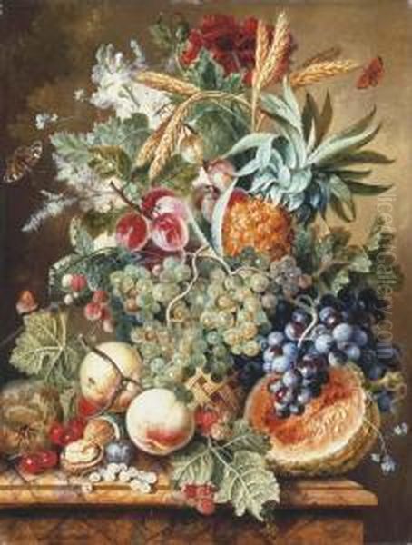 A Pineapple, Plums, Grapes And 
Other Fruit And Flowers In A Basketwith A Melon, Peaches, Cherries, 
Raspberries And Other Fruit On Amarble Ledge Oil Painting by Johannes or Jacobus Linthorst