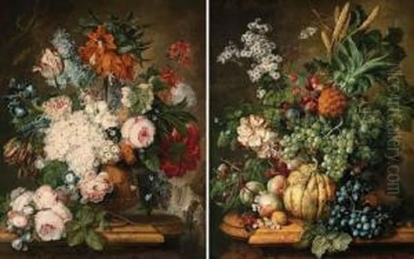 A Crown Imperial Lily, Tulips, 
Hydrangea, Lilac, An Iris, Paeonies, Auricola, Convolvuli And Other 
Flowers In An Urn With A Spray Of Roses On A Marble Pedestal; And 
Grapes, Plums, Wild Strawberries, Daisies, Roses, And Corn In A Basket 
With A Melo Oil Painting by Johannes or Jacobus Linthorst