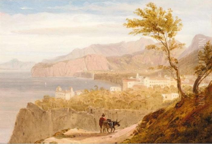 A Traveller With His Donkey, On A Mediterranean Coastline Oil Painting by William Evans Linton