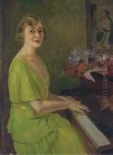 A Lady In A Green Dress Playing The Piano Oil Painting by Edward Barnard Lintott