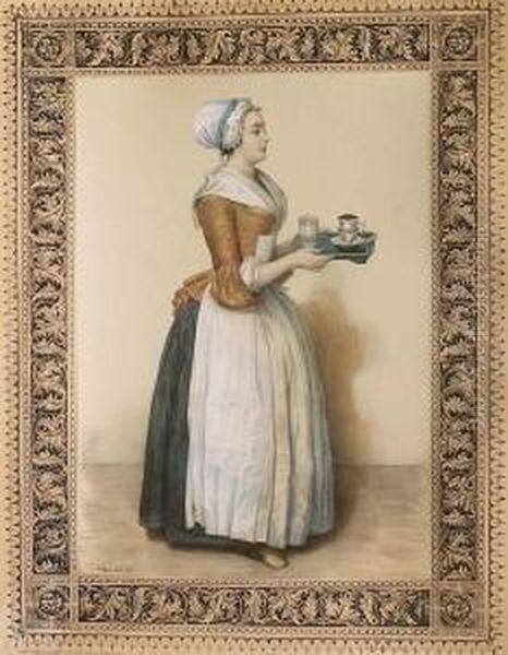 La Belle Chocolatiere De Vienne.
 Farblithographie Auf Karton, Nach Dem Pastell Von Liotard, 
Gemaldegalerie Dresden. 43,5 X 30,5 Cm. Lemercier, Paris. In Berliner 
Leiste Gerahmt. Etwas Gebraunt. Oil Painting by Etienne Liotard
