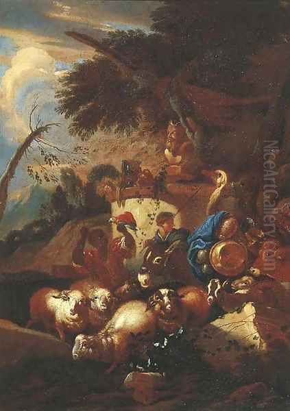 A muleteer with sheep, goats, a cow, an ostrich and a camel by a statue of Pan in an Italianate landscape Oil Painting by Giovanni Benedetto Castiglione