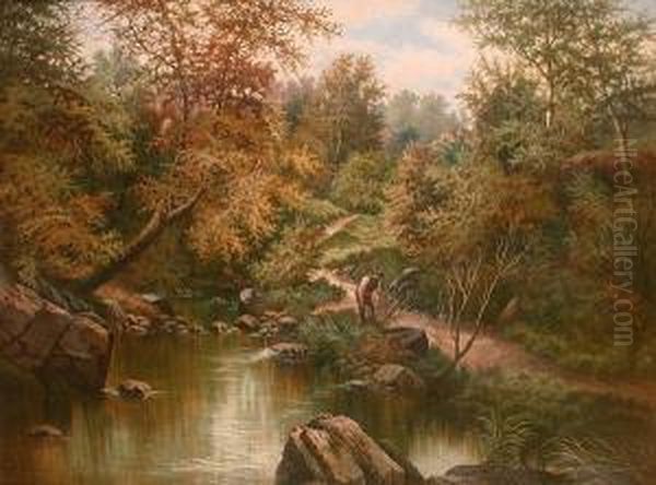 Wooded River Landscape With Woodcutter In The Foreground Oil Painting by Horace Mann Livens