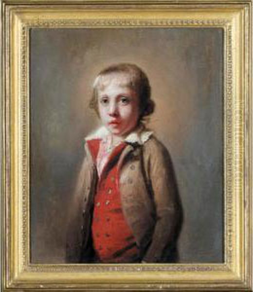 Portrait Of A Boy, Half Length, 
Wearing A Brown Coat, Scarlet Waistcoat And A White Shirt Oil Painting by Richard Livesay