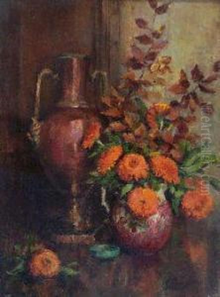 Still Life Of Flowers And Brass Vase Oil Painting by Nan C. Livingstone