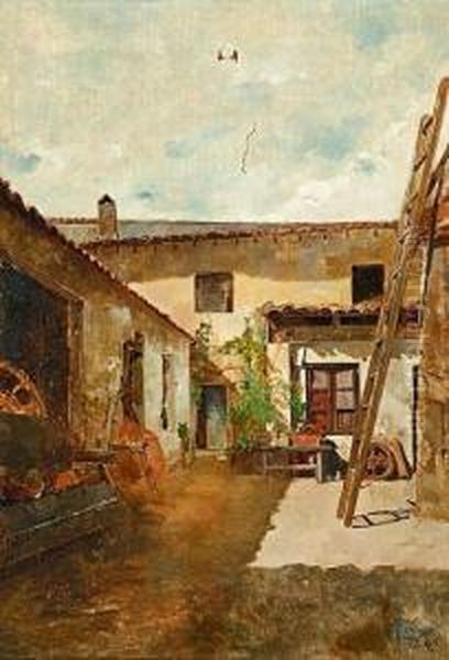 Un Patio Oil Painting by Joan Llimona y Bruguera