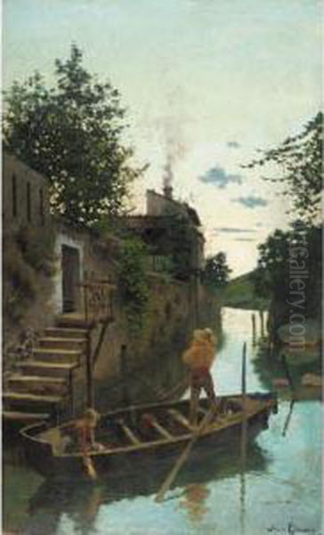 Atardecer En El Canal (evening On The Canal) Oil Painting by Joan Llimona y Bruguera