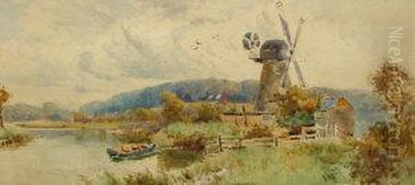 Roi Rws -- River Landscape With A
 Windmill; Watercolour, Bears Inscription Attached To The Reverse Of The
 Frame, 16x34cm Oil Painting by Thomas Lloyd