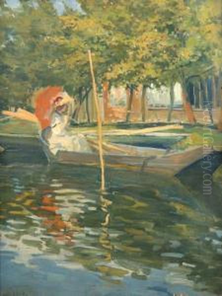 Femme A L'ombrelle Dans Une Barque Oil Painting by Almery Lobel-Riche