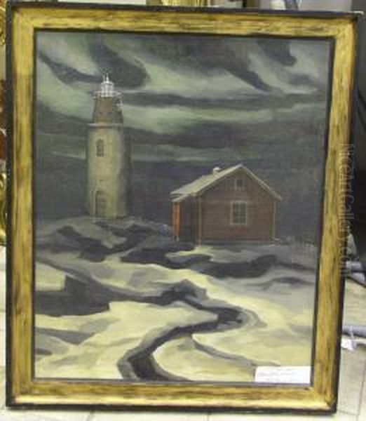 Fyrtorn Och Stuga. Oil Painting by Gunnar Loberg