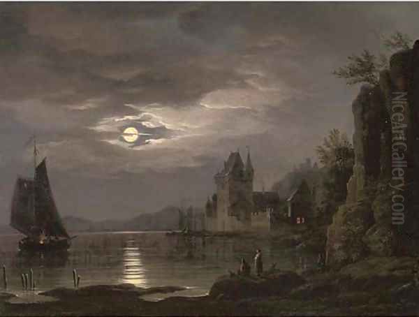 A moonlit river landscape with figures on the shore, shipping beyond Oil Painting by Louis Johann Ludwig Catoir