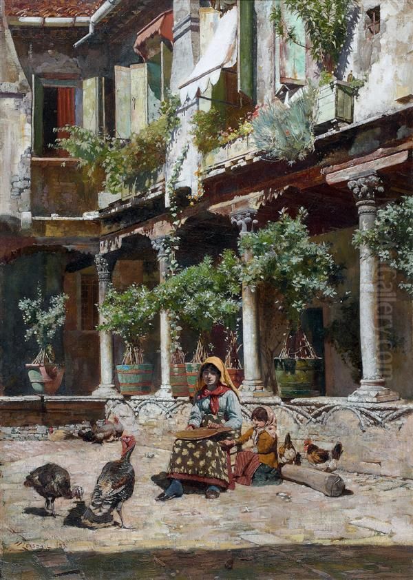 Un Patio Espagnol Avec Une Mere Et Sa Fille Oil Painting by Logsdail William