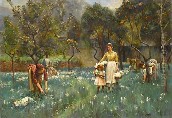 Picking Flowers In An Orange Grove Oil Painting by Logsdail William