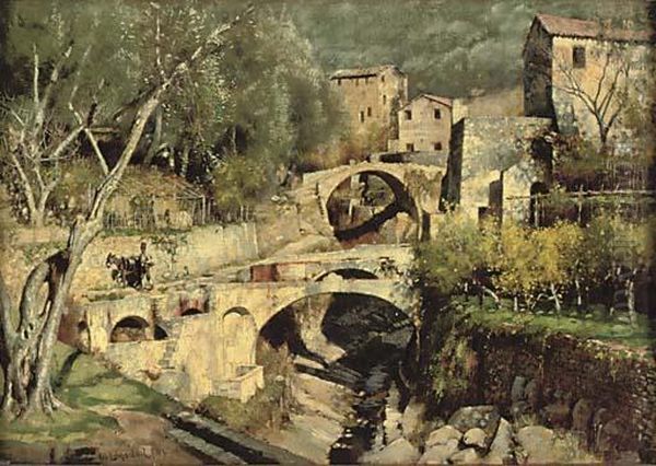 View Of A Mediterranean Village With Bridges And A Villager With His Donkey Oil Painting by Logsdail William