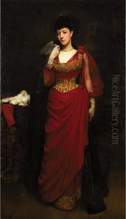 Portrait Of A Lady In A Red Dress With A Shawl, By Tradition Bessie Burton Oil Painting by Logsdail William