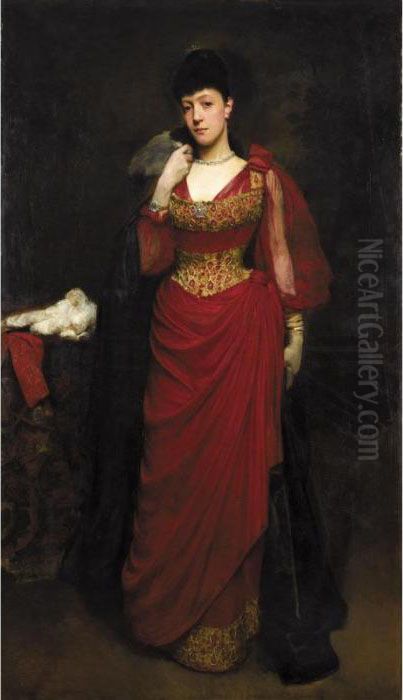 Lady In A Red Dress With A Shawl By Tradition Bessie Burton Oil Painting by Logsdail William