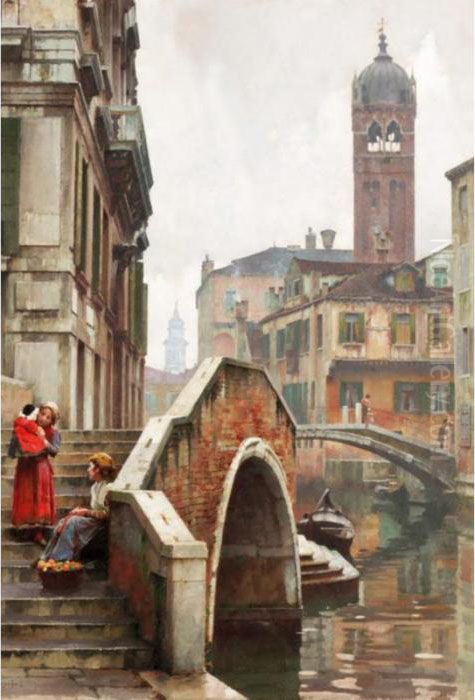 The Ponte Dei Pugni, With The Campanile Of Sta. Fosca Beyond Oil Painting by Logsdail William