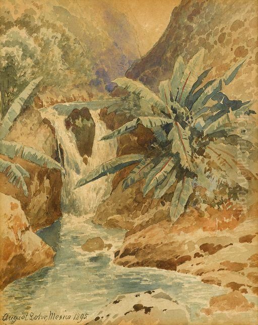 Palms By A Waterfall Oil Painting by August Lohr
