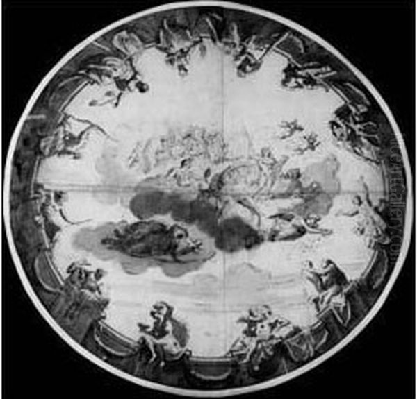 L'aurore Avec Apollon Pret A Monter Sur Son Char ; Sur La Corniche
 En Trompe-l'oeil, Douze Figures Mythologiques Oil Painting by Nicolas Loir