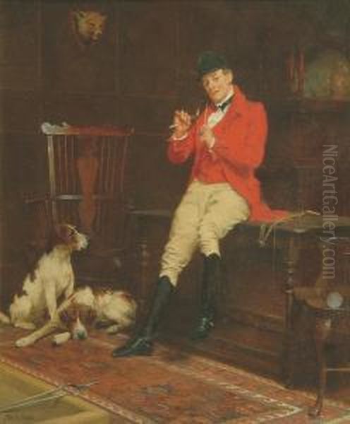 Huntsman And Hounds In An Interior Oil Painting by John Arthur Lomax