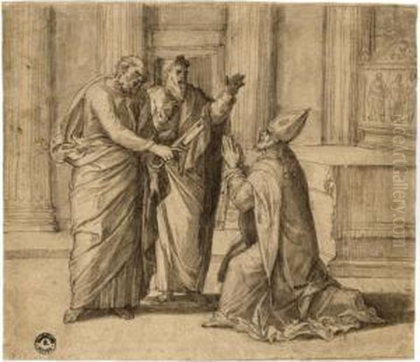 St Peter, Dressed As The First 
Bishop Of Rome, Receives The Keys Of The Kingdom Of Heaven From Christ, 
Another Apostle Looking On Oil Painting by Lambert Lombard