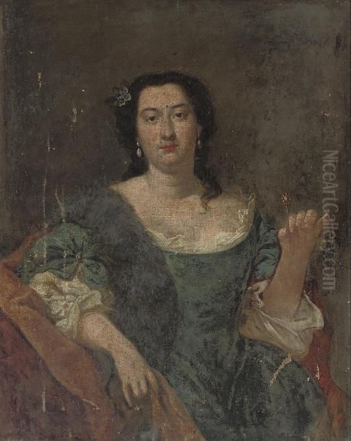 Portrait Of A Lady, 
Three-quarter-length, In A Blue Dress And Brown Mantle, A Jewelled Pin 
In Her Left Hand Oil Painting by Alessandro Longhi
