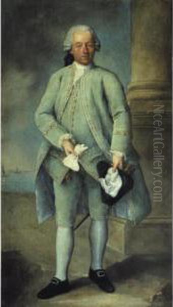 Portrait Of A Gentleman, 
Full-length Standing, Wearing A Powder-blue Costume And Holding A 
Tricorn Hat And Gloves, The Venetian Lagoon Beyond Oil Painting by Alessandro Longhi
