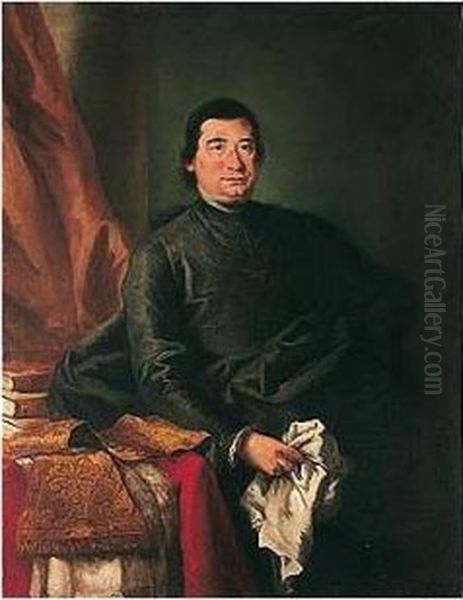 Portrait Of A Prelate, 
Three-quarter Length, Seated, Holding A Handkerchief, Beside A Table 
With His Cassock And Books Oil Painting by Alessandro Longhi