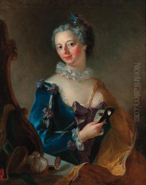 Portrait Of A Lady, Seated 
Half-length, Wearing A Blue Dress Withwhite Lace Trim Before A Mirror, 
Holding A Mask In Her Righthand Oil Painting by Alessandro Longhi