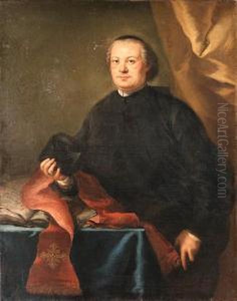 Portrait Of A Prelate, 
Three-quarter Length, In A Black Cassock,holding A Biretta, By A Table 
In A Draped Interior Oil Painting by Alessandro Longhi