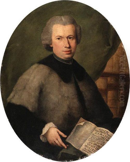 Portrait Of Monsignor Francesco 
Dall'acqua, Half Length, Wearing Agrey Cloak And Holding A Copy Of His 
Book, In A Library Oil Painting by Alessandro Longhi