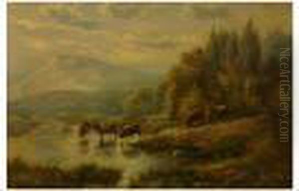 Wooded Mountain Scene With 
Highland Cattle 11Â½ X 17Â½ Inches. Gilt Mount With Broad Gilt Frame 20 X 
25 Inches Oil Painting by Edgar Longstaffe
