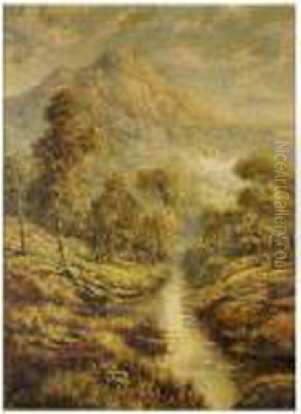 Wooded Mountain Scene With 
Stream. 16Â½ X 11Â½ Inches. Gilt Mount With Broad Gilt Frame 25 X 21 
Inches Oil Painting by Edgar Longstaffe