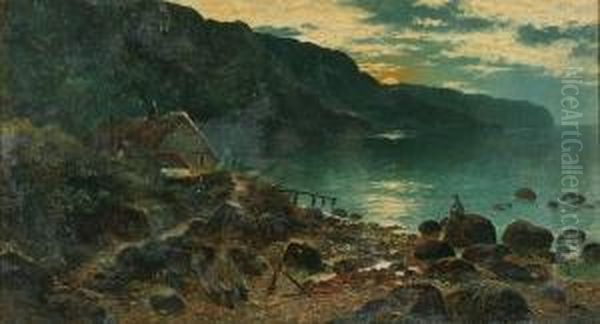 Coastal Landscape At Moonlight, 
With Cottage And Figure On The Shore, And Another: Fishing Boat Off The 
Coast Oil Painting by Edgar Longstaffe