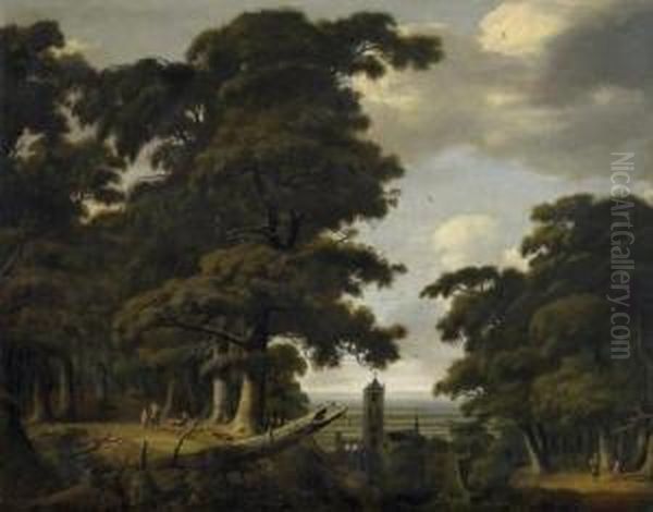 Landscape. View Through An Aisle
 In The Oak Forest On The Townscape With Church In Front Of A Wide Plane Oil Painting by Jan Looten