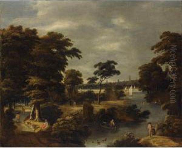 A Wooded River Landscape With 
Several Men Bathing, Travellers On A Path To The Left, A Fisherman In A 
Boat In The Foreground, A View Of A Town Beyond Oil Painting by Jan Looten