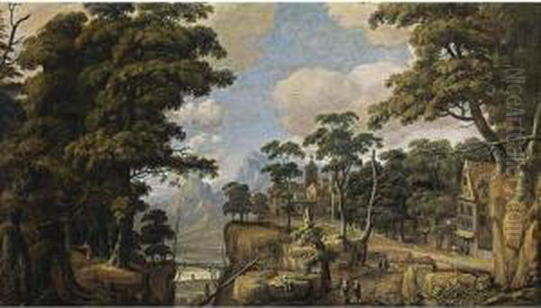 An Extensive Wooded Landscape 
With Huntsmen, Travellers Resting And Walking On Path, A City Nearby, 
And Mountains Beyond Oil Painting by Jan Looten