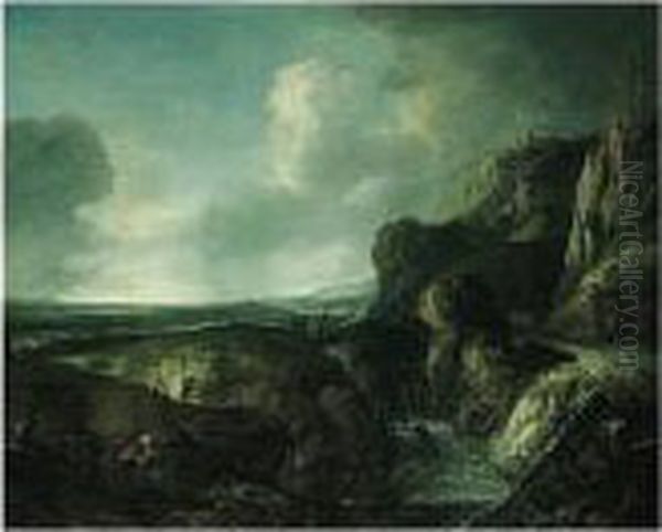 A Mountainous River Landscape 
With Travellers On A Path Overlooking A Waterfall, A Ruined Castle On An
 Outcrop Beyond Oil Painting by Jan Looten