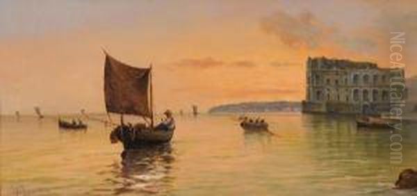 Barche Al Tramonto Sullo Sfondodi Palazzo Donnanna Oil Painting by Vincenzo Loria