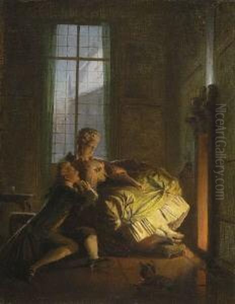 Rokokopaar Am Kaminfeuer. Oil Painting by Heinrich Lossow