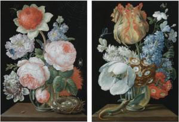 Still Life With Tulips, 
Hyacinths, Jasmine, Auriculas And Other Flowers In A Glass Vase On A 
Ledge, Together With A Lizard, A Damsel Fly And A Bumblebee;
 Still Life With Roses, Anemones And Other Flowers In A Glass Vase On A 
Ledge, Together With A Oil Painting by Johann Karl Loth