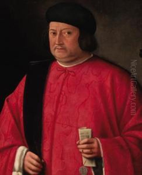 Portrait Of A Venetian 
Dignitary, Half-length, In Robes Of Office,holding A Letter Of 
Appointment Oil Painting by Lorenzo Lotto