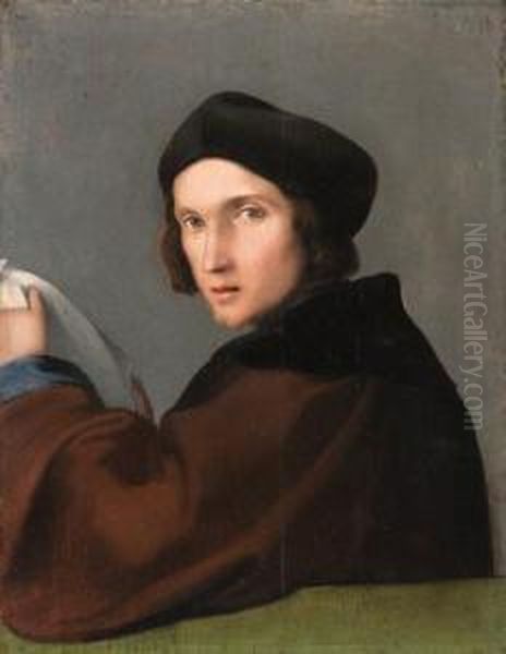 Portrait Of A Young Man, 
Half-length, In A Brown Mantle And A Darkcap, A Letter In His Hands Oil Painting by Lorenzo Lotto