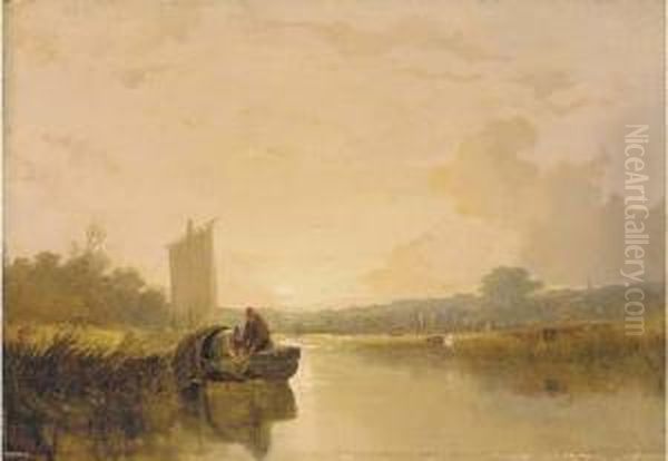 Evening On The River Yare At 
Whitlingham, With Figures In A Boat Inthe Foreground, Norwich Castle And
 Cathedral Beyond Oil Painting by Thomas Lound