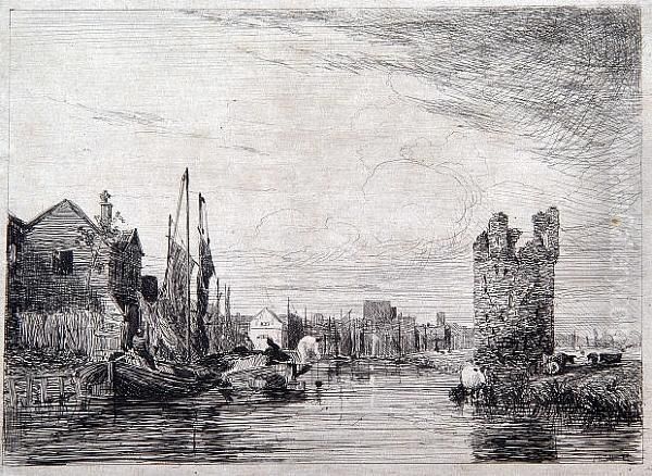 Five Etchings: Devil's Tower, 
River Scene, River Scene Near Carrow, Surlingham Ferry And A Beached 
Fishing Boat Oil Painting by Thomas Lound