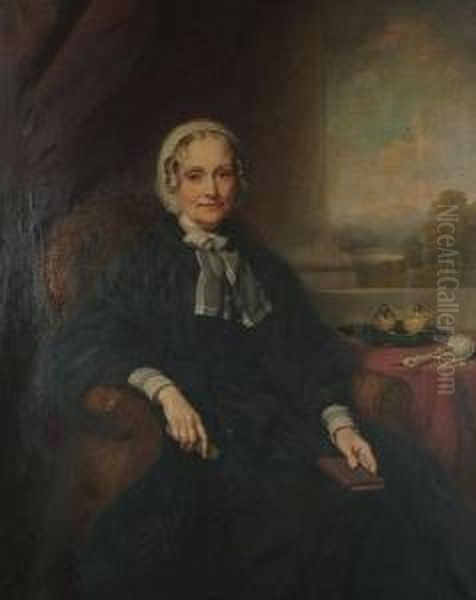 Portrait Of A Seated Lady, 
Three-quarter Length, In A Columned Interior With A Landscape Beyond, 
Thought To Depict The Hon. Emma Stapleton, Viscountess Midleton. Oil Painting by John Templeton Lucas