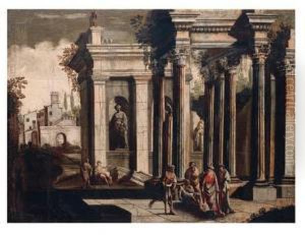 Deux Personnages En Robe De Bure
 Discutant Avec Un Paralytique Etun Infirme Devant Un Portique Romain Oil Painting by Ascanio Luciani