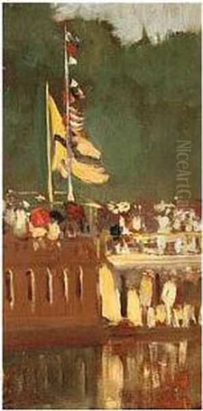 Albert Jnr , College House Boats
 At Oxford, Signed, Oil On Panel, 24.5 X 14 Cm.; 9 3/4 X 5 1/2 In Oil Painting by Albert Ludovici