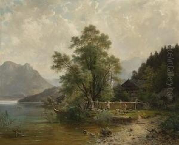 Fischerfamilie Am Ufer Eines
 Gebirgssees. Oil Painting by Henri Louis Ludwig