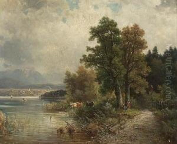 Zwei Rastende Magde Mit Ihren
 Kuhen Am Ufer Oil Painting by Henri Louis Ludwig